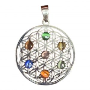 Flor de la vida 7 chakras en ojo de gato 3cm acero inoxidable